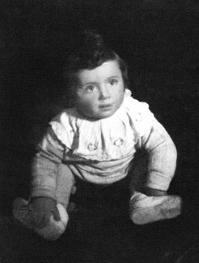 Mendele, photographed as a small child: dark eyes looking just past the camera, a white embroidered blouse, a dark studio background. Pinchas Menachem Mendel Hakohen Levin, born 1938, murdered at Auschwitz in 1944, aged five.